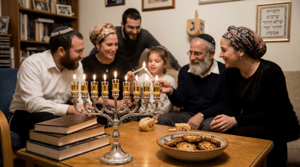 Family celebrating Hanukkah around a glowing menorah in a decorated room.