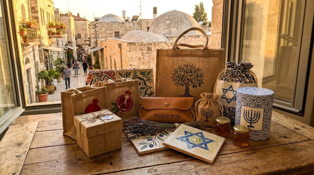 Image illustrating: Bags and gifts on wooden table with stone buildings view.
