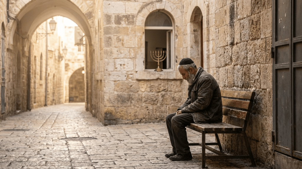 Elderly man wearing a kippah near a window with a menorah.