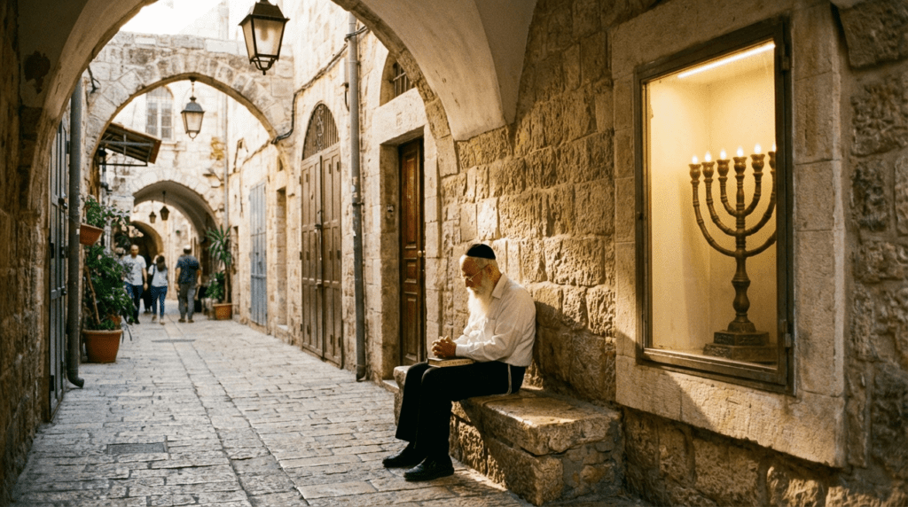 Elderly man with kippah sitting in ancient Jerusalem alley at dusk.