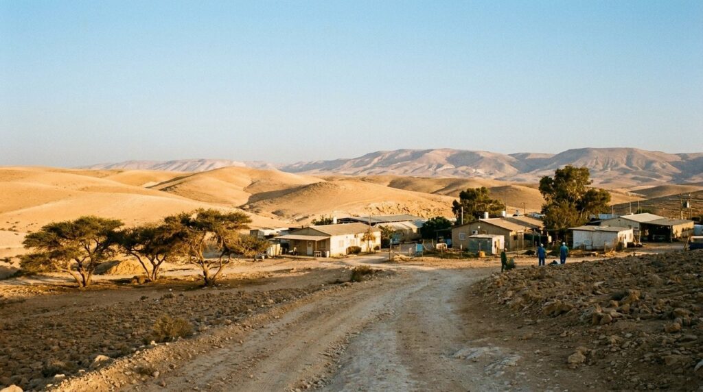 Early morning light over Negev Desert with path to kibbutz.