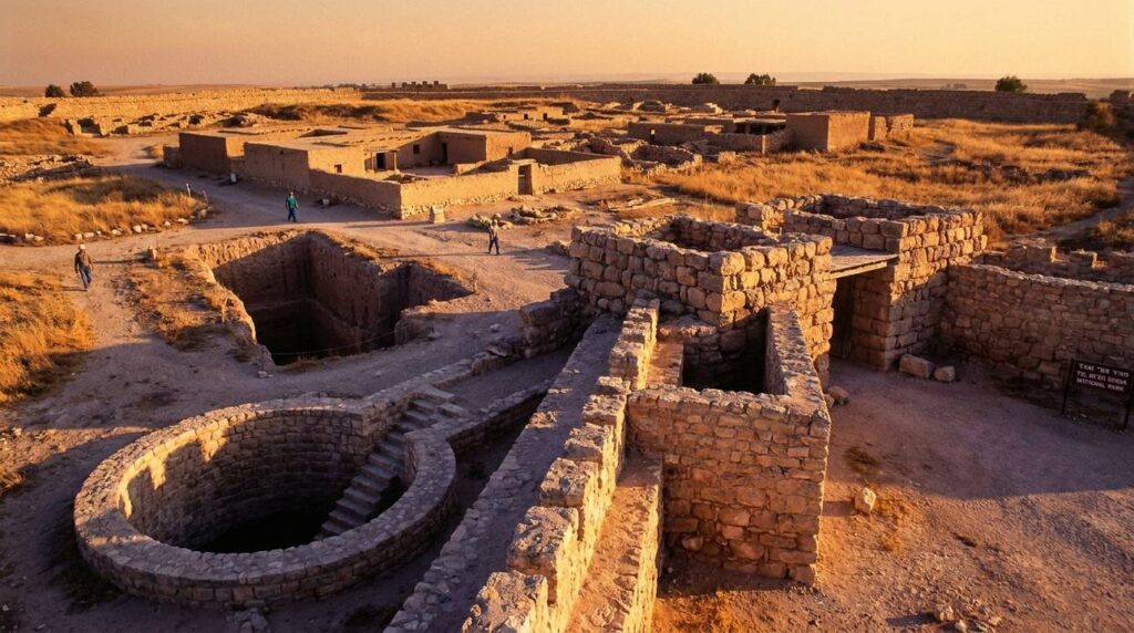 Ancient Tel Be'er Sheva ruins with well-preserved water system at sunset.