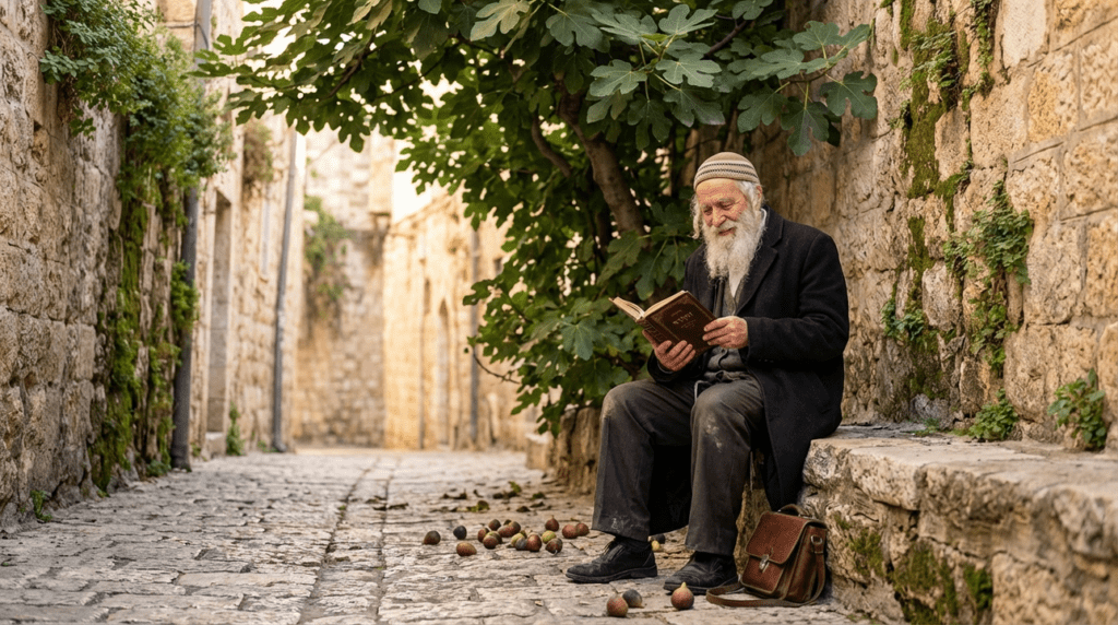 Elderly Jewish man in kippah studying text under fig tree.