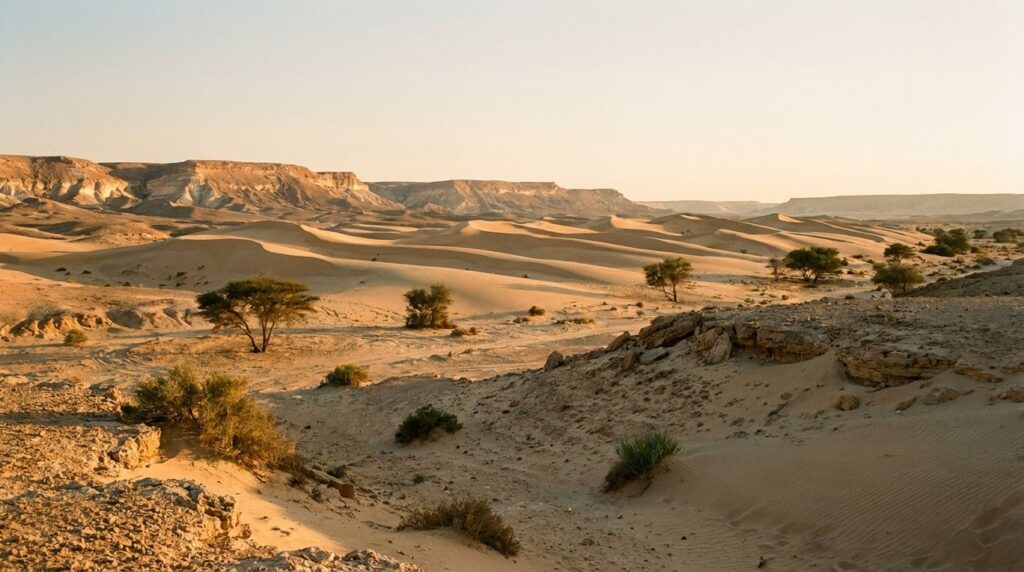 Israeli desert dunes at sunset with distant cliffs and flora.