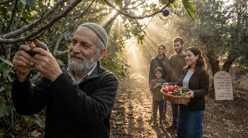 Elderly man picks figs, people gather with fruit baskets in orchard.
