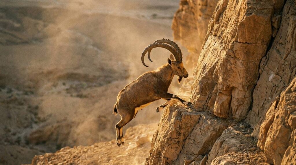 Nubian ibex climbing steep, rocky desert terrain at sunset.