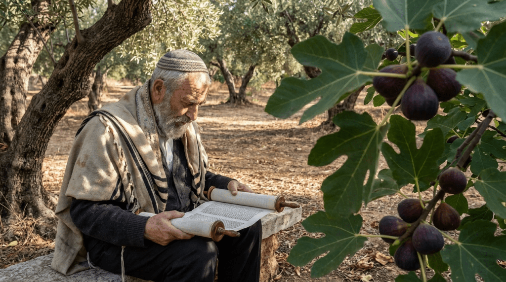 Elderly Jewish man reading Torah in olive grove with figs.