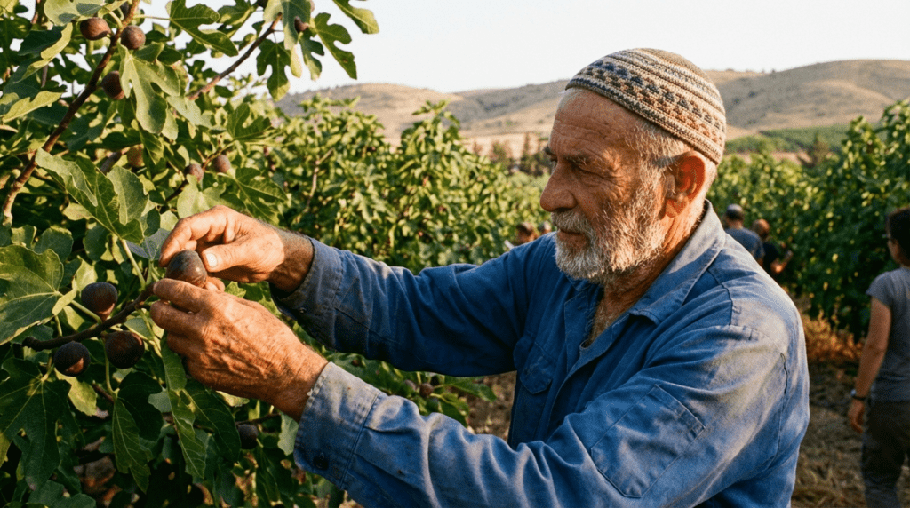 Elderly Jewish man in kipa picking figs in orchard at dusk.