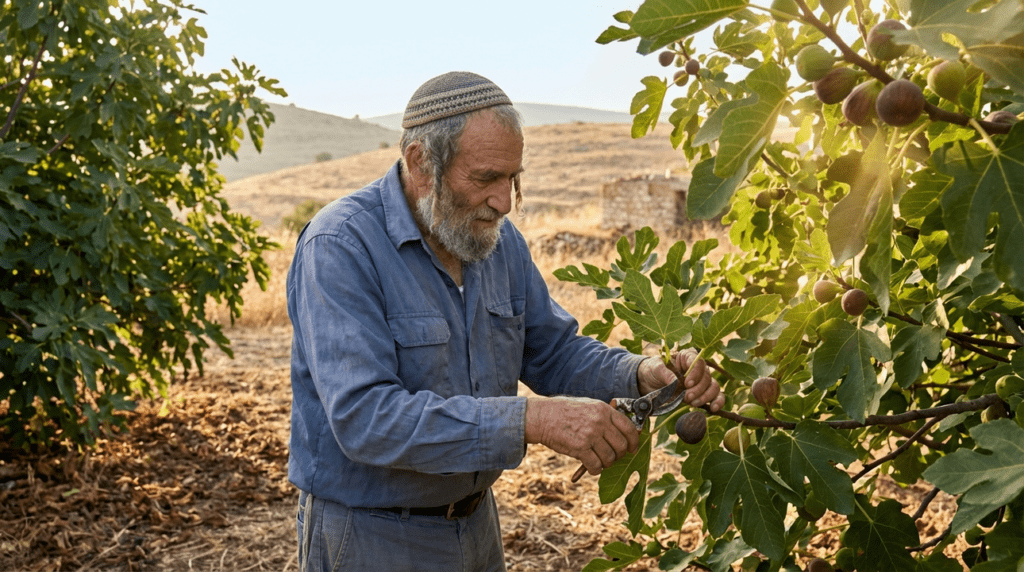 Elderly Jewish man in kippah tending fig tree in sunlit orchard.