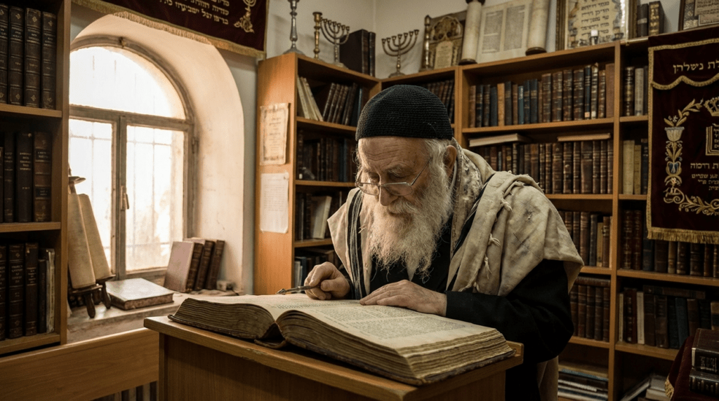 Elderly rabbi studies ancient texts in a sunlit Jerusalem study.