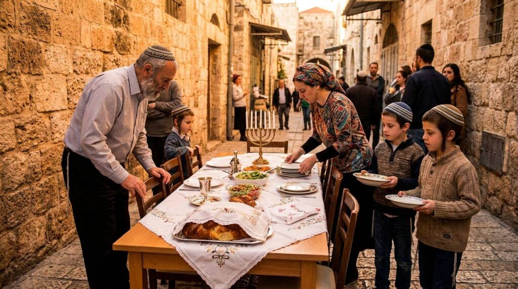 Jewish family preparing Shabbat dinner in an ancient Jerusalem alley.