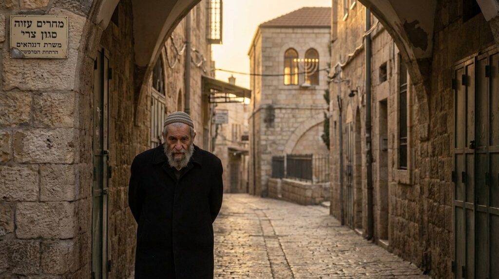 Elderly man walking in ancient Jerusalem alleyway near synagogue.