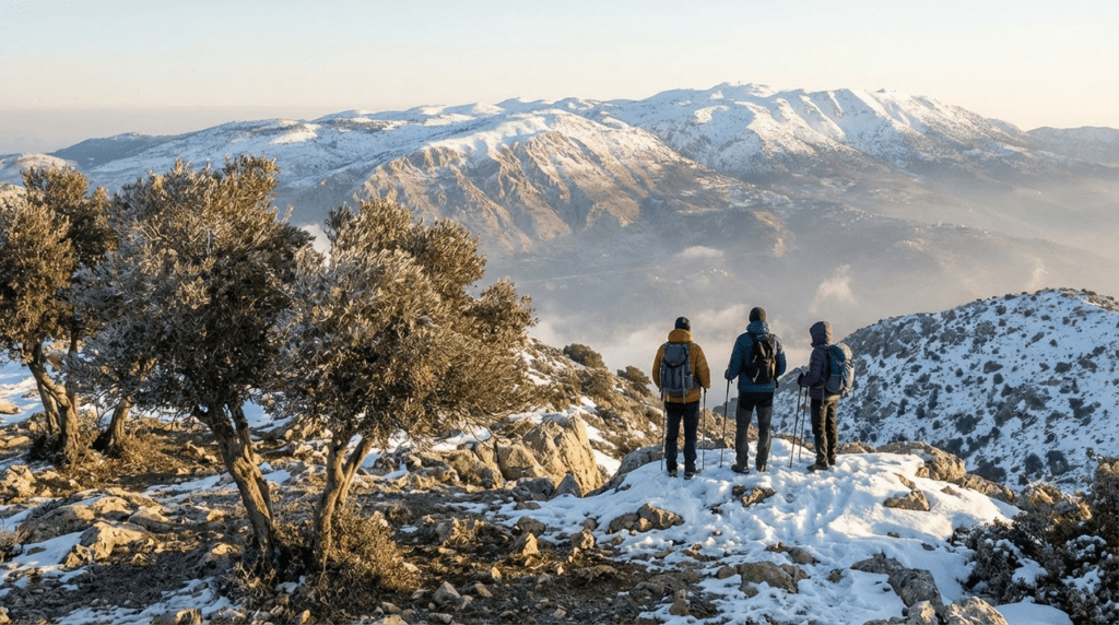 Panoramic view of snow-capped Mount Hermon with hikers and olive trees.