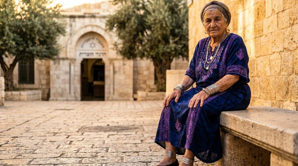 Elderly Jewish woman in traditional garments on cobblestone street.