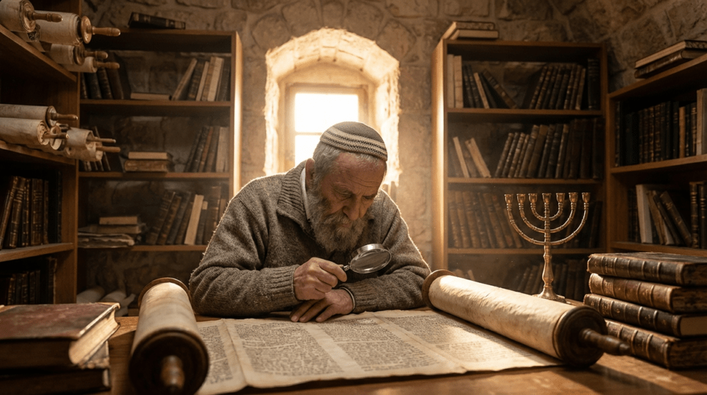 Elderly Jewish man studying ancient scroll with magnifying glass in dim study room.