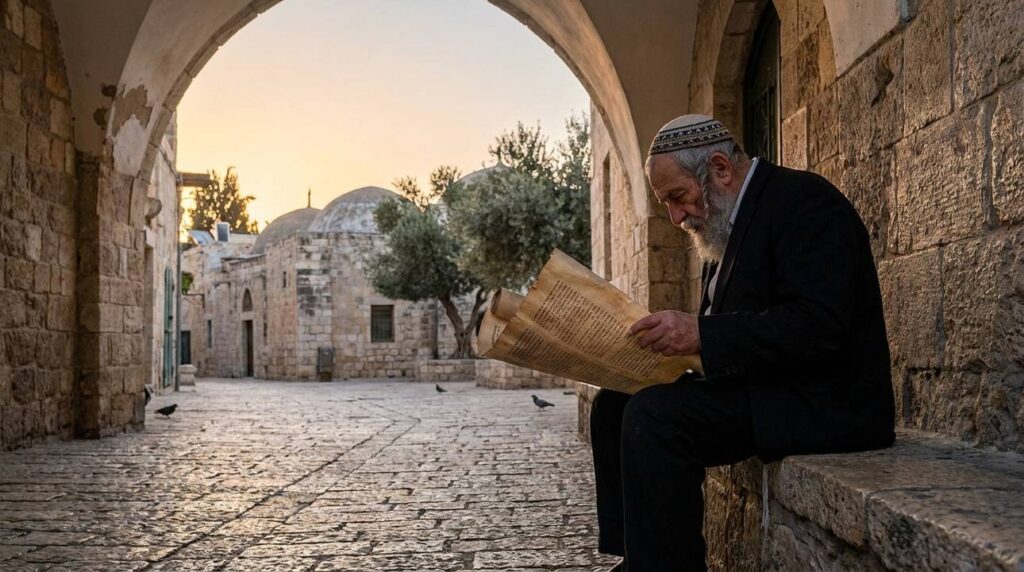 Elderly Jewish man reading ancient scroll at sunrise in Jerusalem.