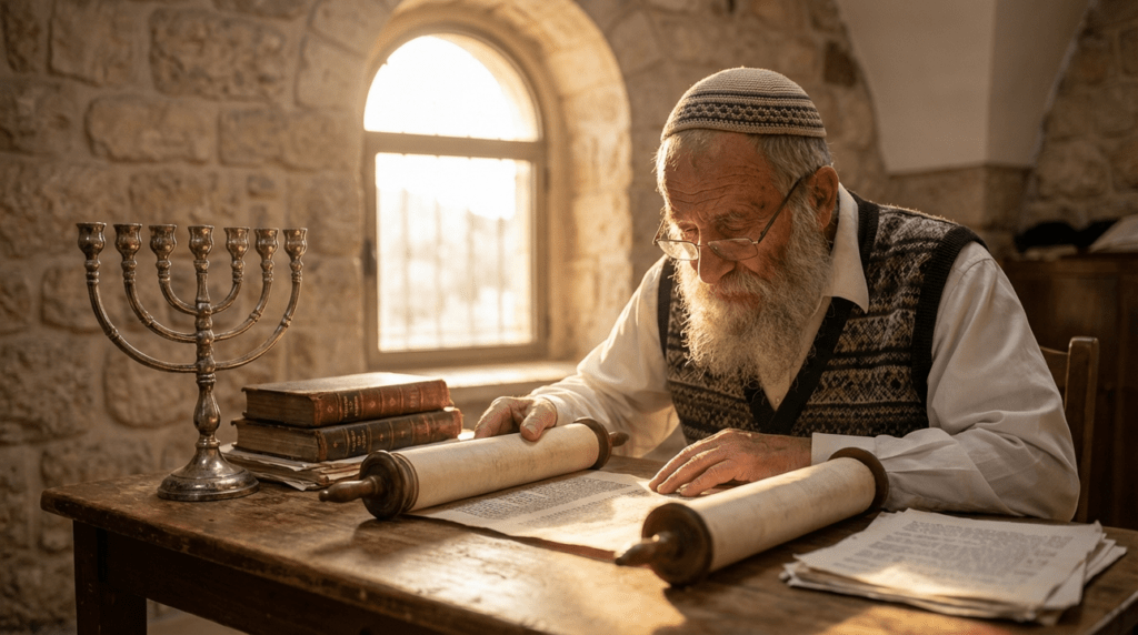Elderly rabbi reading Torah at table with menorah in Jerusalem.