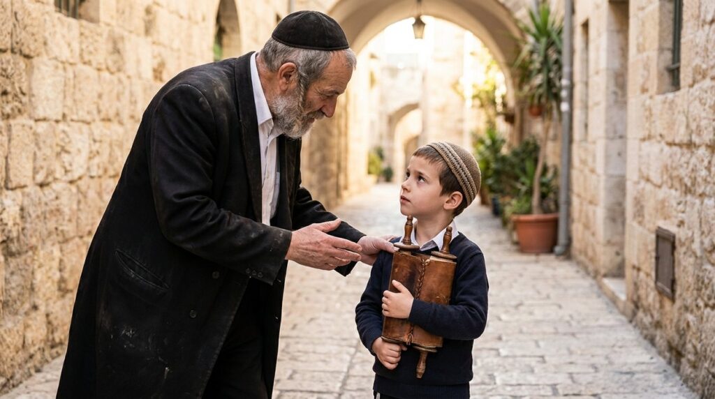 Elderly Jewish man teaching young boy holding Torah in Jerusalem alley.