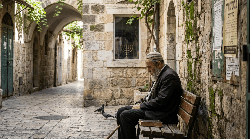 Elderly Jewish man sitting on a bench in a cobblestone alley.
