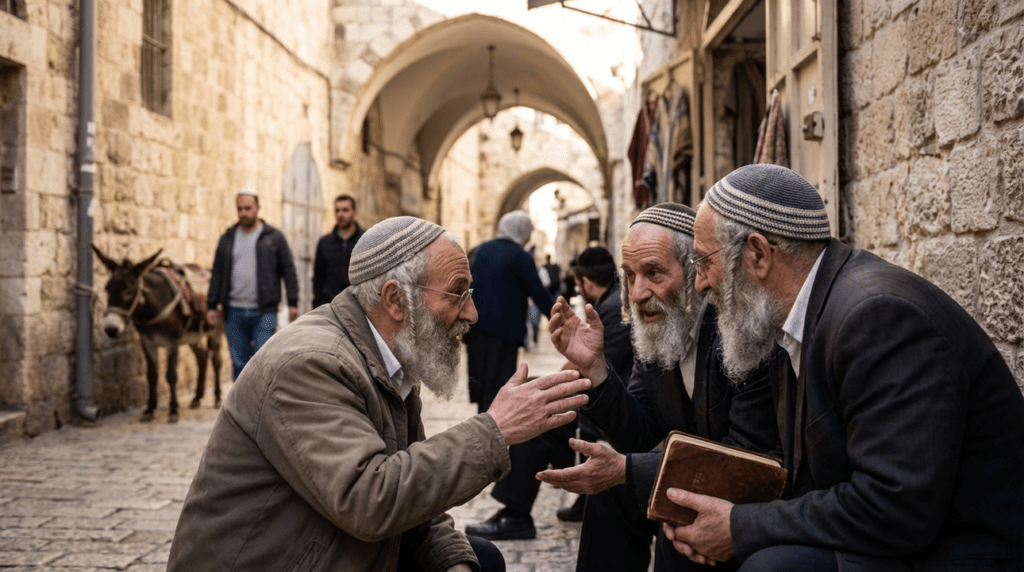 Elderly Jewish men discussing under Jerusalem's stone archways in sunlight.