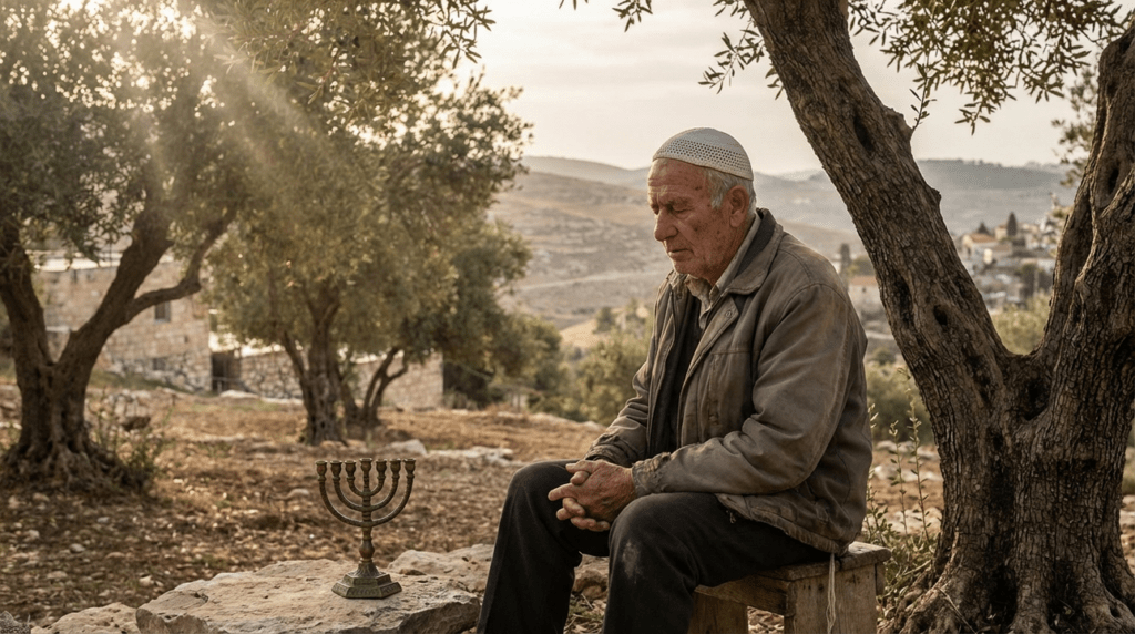 Elderly Jewish man praying in an olive grove near Jerusalem, with menorah.