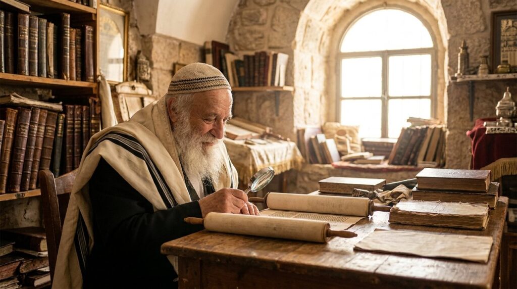 Elderly Jewish man reading the Torah in a sunlit room.