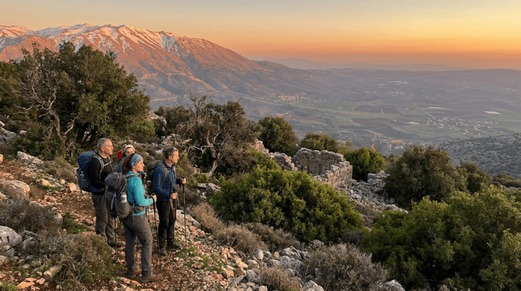 Mount Hermon at sunset with hikers and lush surrounding landscape.