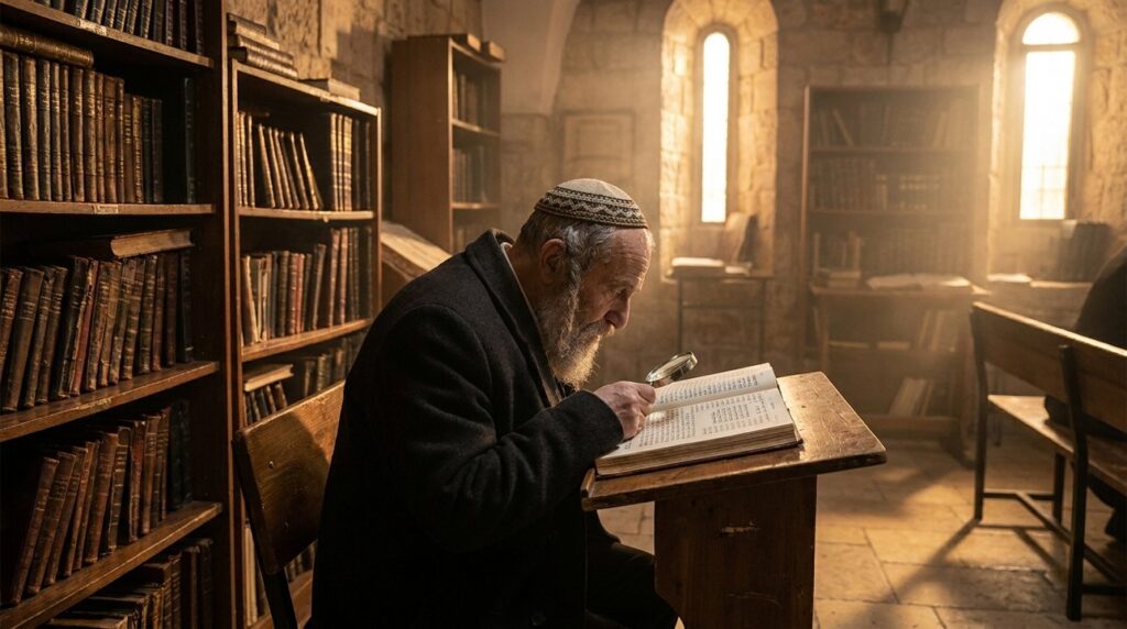 Elderly Jewish man studying ancient texts in a Jerusalem synagogue.