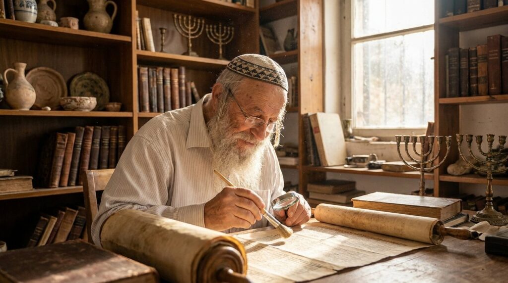 Elderly Jewish man in kippah restoring text in sunlit book-filled room.