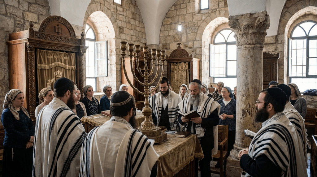Group of people participating in a Jewish ceremony in a synagogue.