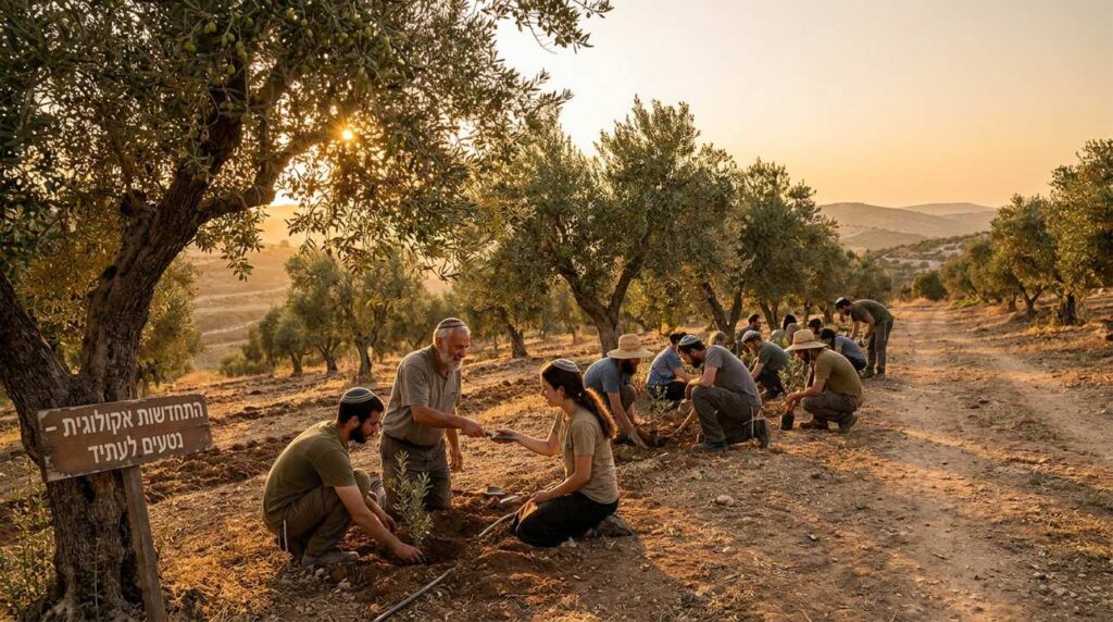 Olive grove in Israel at sunset with people planting saplings.