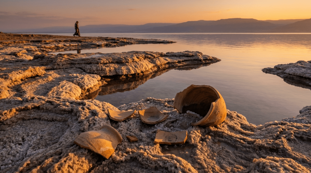 Dead Sea at golden hour with pottery fragments and calm water.
