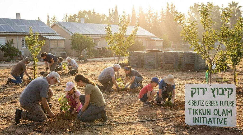 Kibbutz members in Israel planting trees in early morning light.