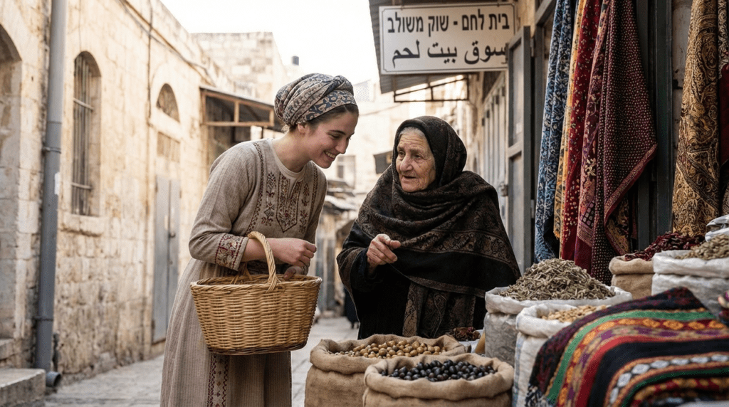 Young and older women in traditional attire converse in Jerusalem alley.