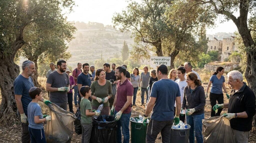 People of various ages cleaning an olive grove, some wearing kippahs.