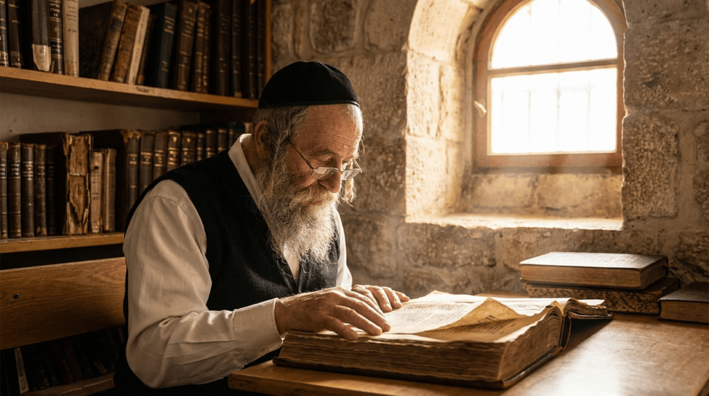 Elderly Jewish man in traditional attire reading texts in synagogue.