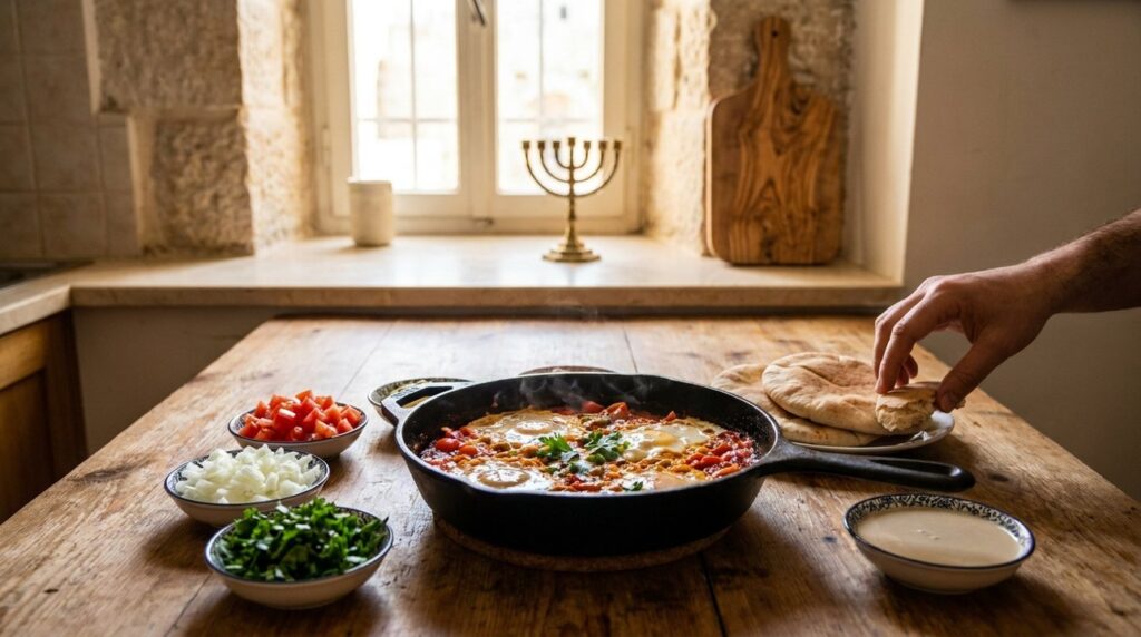 Shakshuka in cast iron pan, menorah, and ingredients on table.
