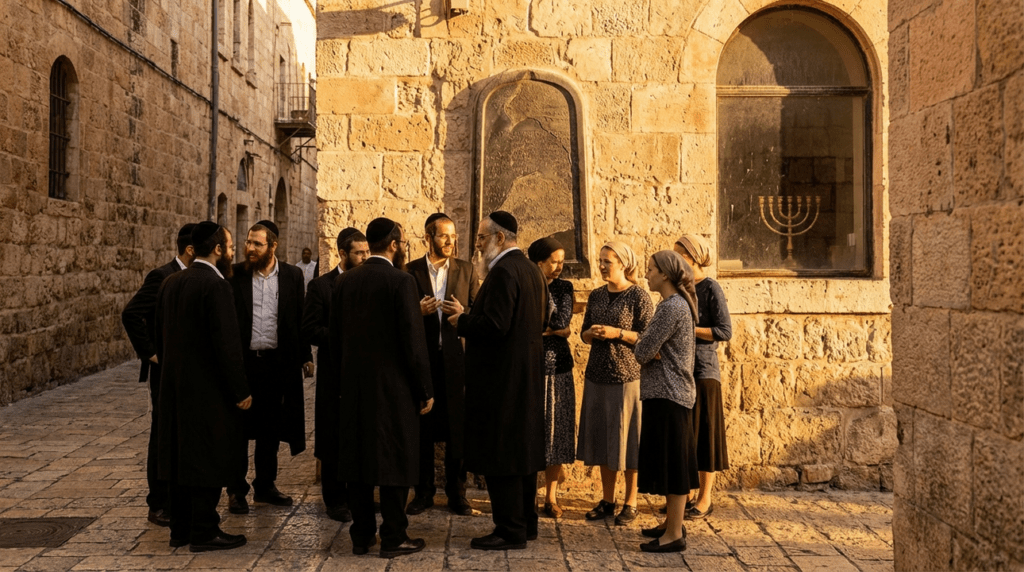 People in traditional Jewish attire discussing beside Mesha Stele replica.