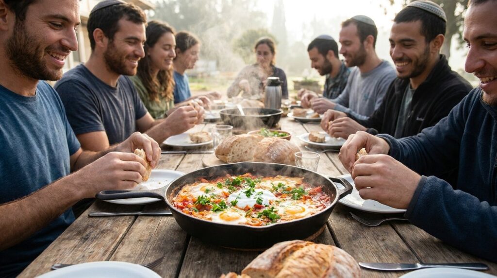 Shakshuka served in skillet, diverse people sharing meal outdoors.
