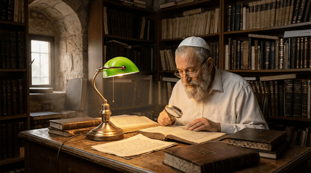 Elderly Jewish scholar studying ancient texts in a dim, book-filled room.