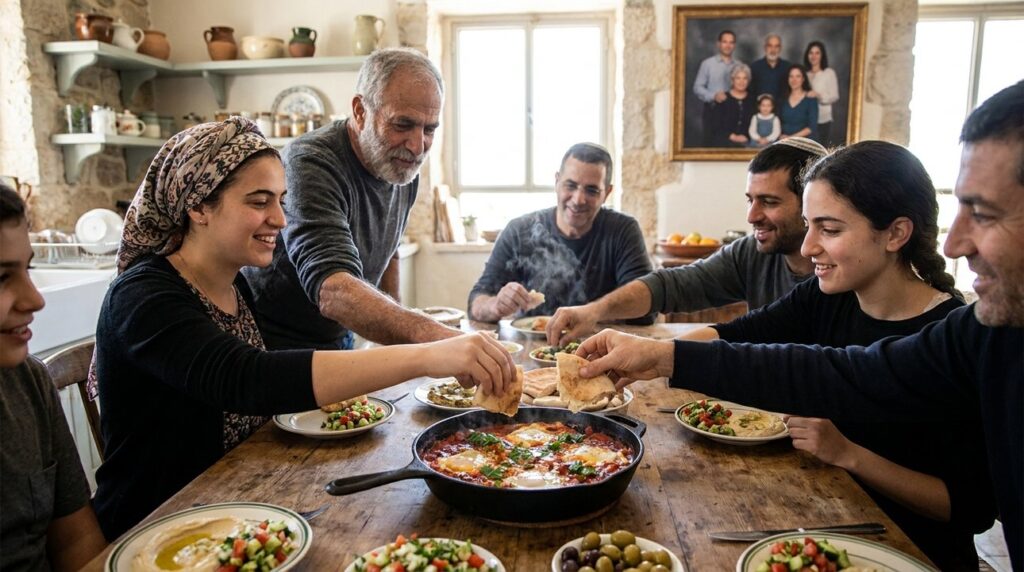 Group of diverse people sharing Shakshuka at a rustic kitchen table.