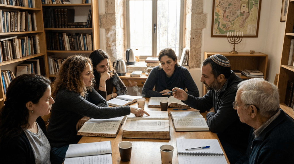 Group studying Hebrew texts by window light in a book-filled room.