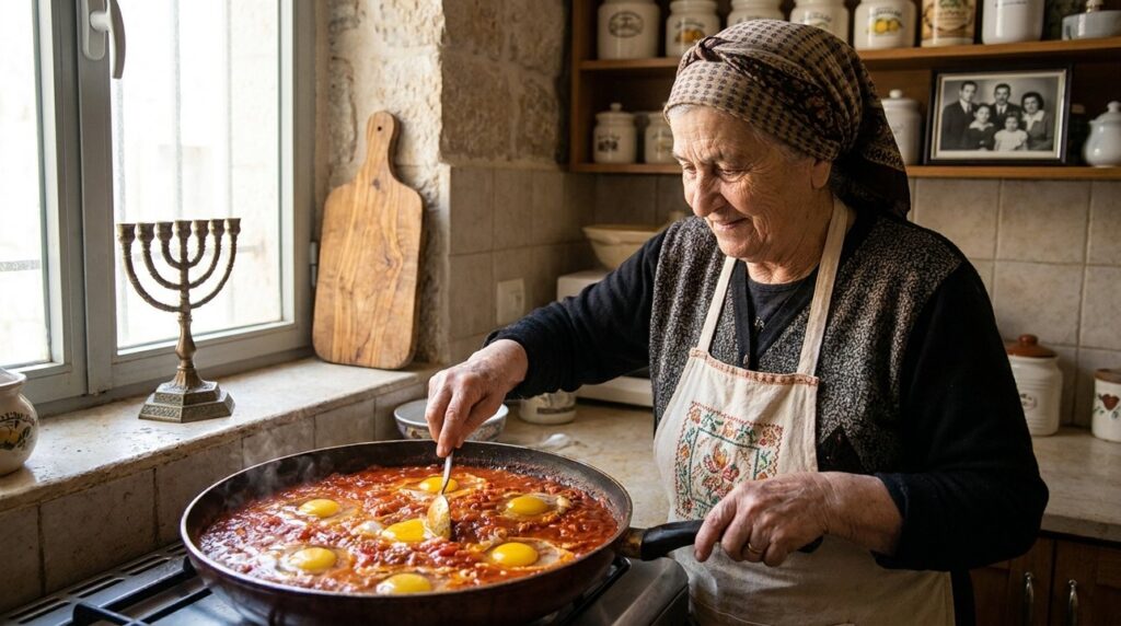 Elderly Jewish woman cooking Shakshuka in a traditional Jerusalem kitchen.