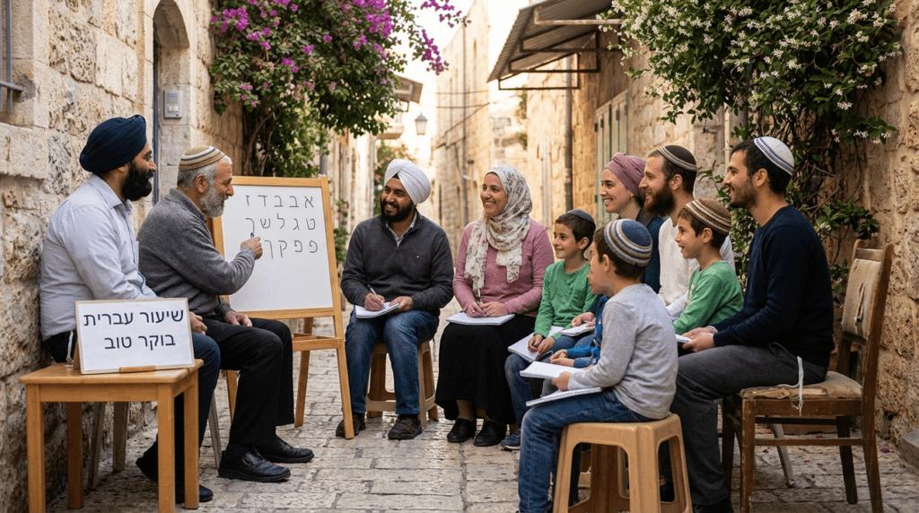 Diverse group in kippahs and turbans at outdoor Hebrew class.