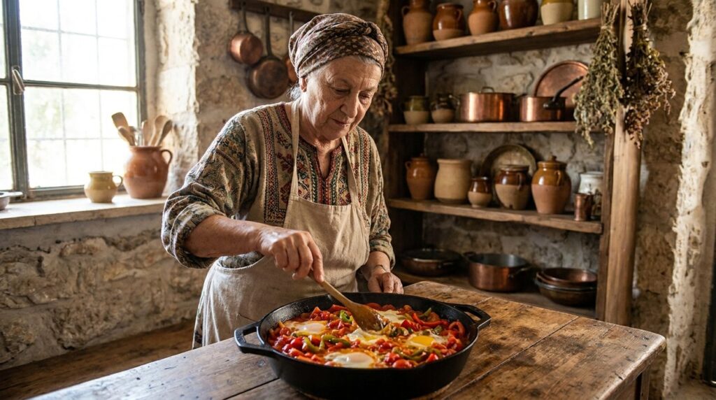 Elderly Jewish woman in traditional attire making Shakshuka in rustic kitchen.