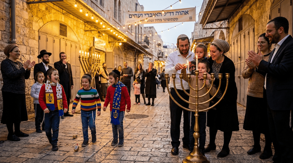 Families in traditional attire lighting menorah on cobblestone street in Jerusalem.