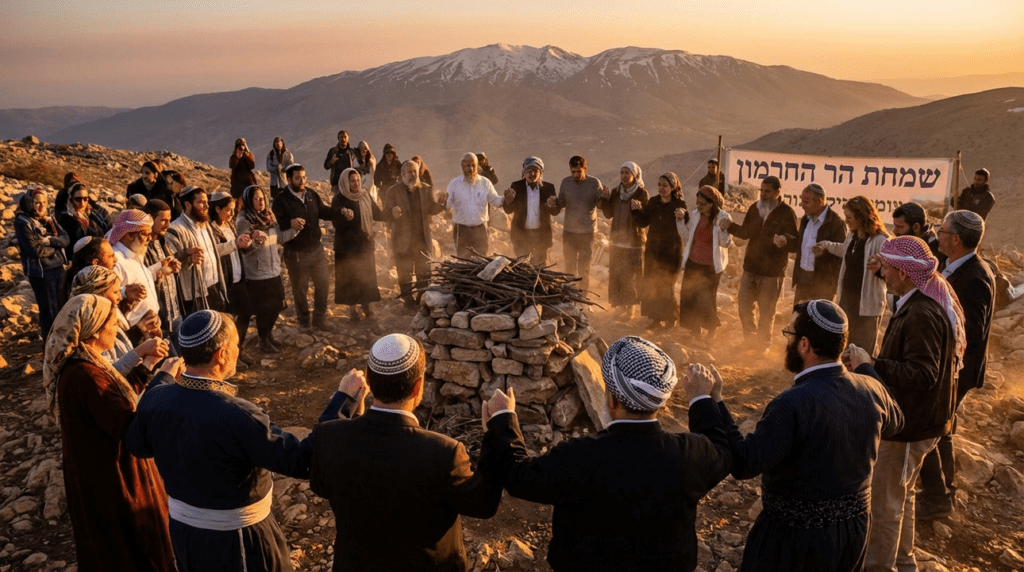 Diverse group performing Jewish rituals at Mount Hermon during sunset.