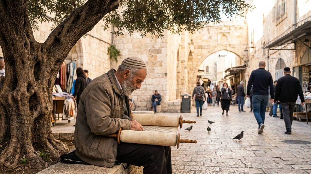 Elderly man in kippah reads Torah under olive tree in Jerusalem.