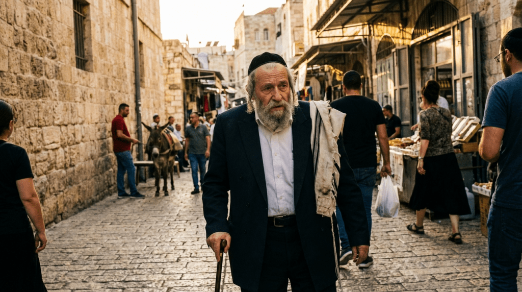 Elderly Jewish man in kippah walking on cobblestone street in Jerusalem.