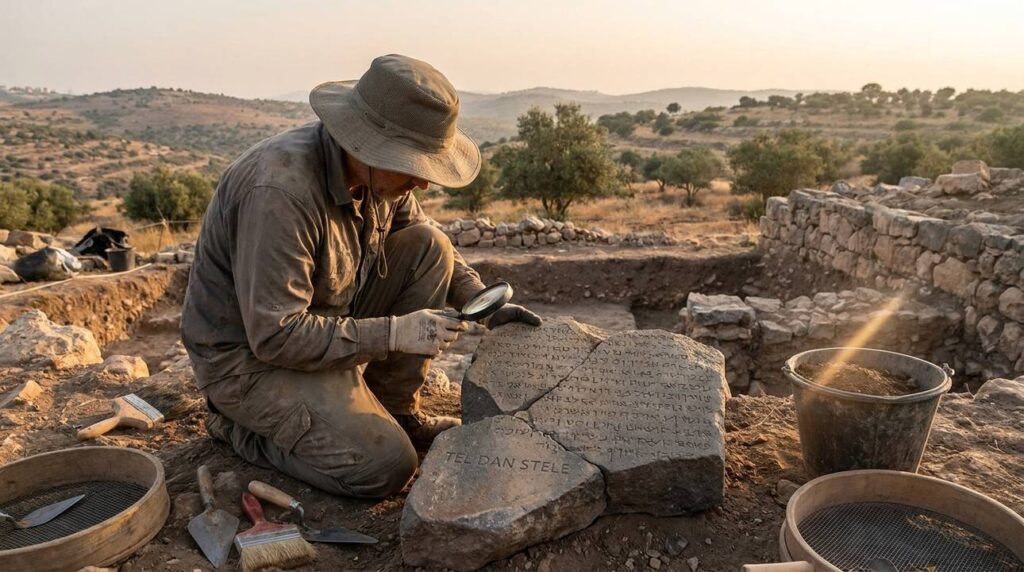Archaeologist examines Tel Dan Stele at dig site near Jerusalem.